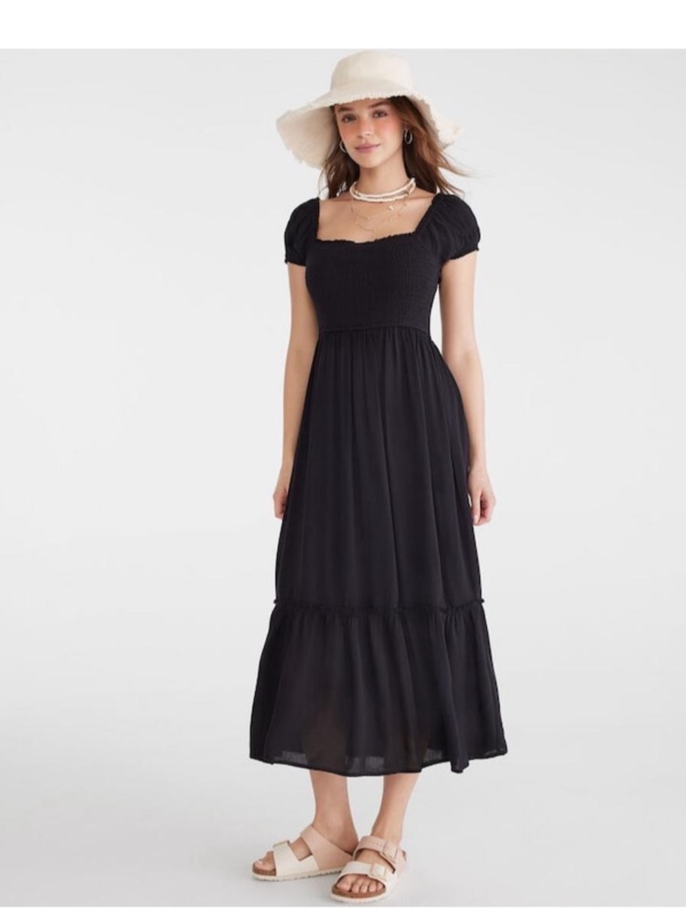 Aeropostale Black Smocked Midi Dress with Puff Sleeves